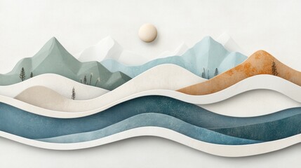 Poster - Layered mountain and wavy water landscape