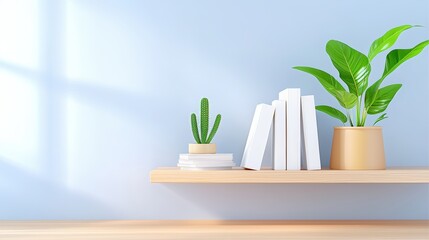 Poster - Office interior backdrop for online meetings, Modern Interior Scene Featuring Serene Design Elements with Plant and Bookshelf on a Light Blue Wall