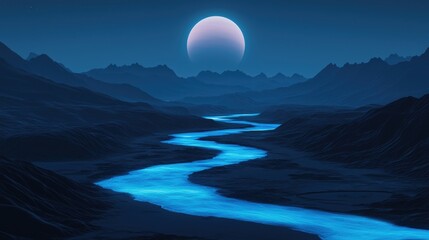 A surreal landscape featuring a winding river illuminated by a glowing blue hue under a large celestial body in a starry night sky.