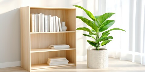 Poster - Office interior backdrop for online meetings, Modern and Serene Interior Scene with Stylish Bookshelf and Potted Plant in Bright Sunlit Room