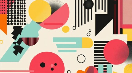 Fototapete - Memphis-style pop-art background featuring colorful geometric food shapes and bold lines in a playful arrangement