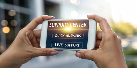Poster - Hands holding smartphone displaying Support Center interface, showcasing customer service and online support