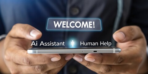 Poster - Close-up shot of person holding a smartphone with an welcome message, showcasing customer service and online support