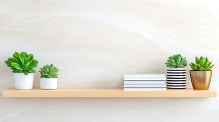 Poster - Serene Modern Interior Scene with Decorative Plants on Minimalist Shelf Against Light Background ,Office interior backdrop for online meetings