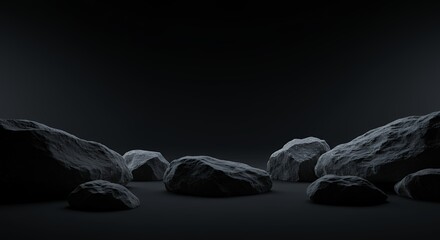 Poster - Moody composition of textured rocks displayed on a dark minimalist surface, creating a dramatic scene for product presentation or artistic backdrop
