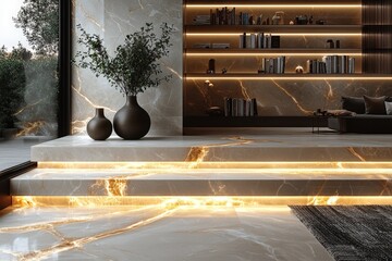 Poster - Modern Serene Interior Scene with Elegant Lighting and Natural Elements in a Stylish Living Space ,Office interior backdrop for online meetings