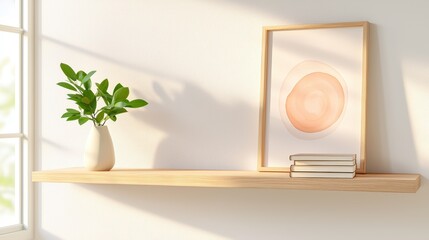 Poster - Serene Modern Interior Scene with Minimalist Floating Shelf, Vase of Green Leaves, and Soft Abstract Art in Sunlit Room ,Office interior backdrop for online meetings