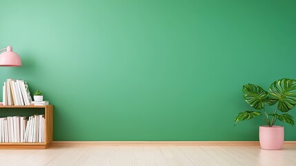Poster - Serene Modern Interior Scene with Green Wall, Cozy Bookshelf, Stylish Plant, and Soft Lighting for Relaxation and Inspiration ,Office interior backdrop for online meetings