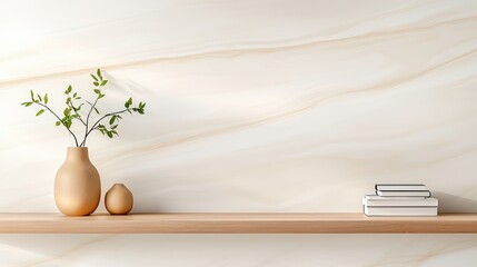 Poster - Serene and Modern Interior Scene with Minimalist Design Featuring Natural Elements, Decorative Vases, and Stylish Shelving on Neutral Background ,Office interior backdrop for online meetings