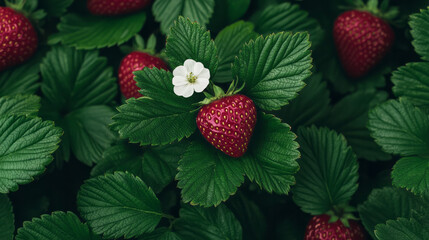 Poster - A vibrant close-up of fresh strawberries with green leaves and a delicate white strawberry flower,