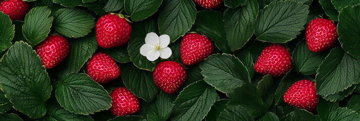 Poster - A high-resolution image of ripe red strawberries nestled among green leaves, with a white blossom