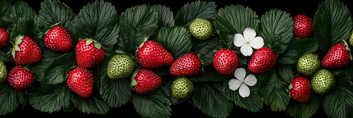 Poster - A high-resolution image of ripe red strawberries nestled among green leaves, with a white blossom