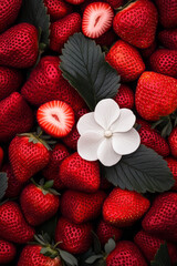 Poster - A close-up macro shot of strawberries with detailed leaf texture and a crisp white strawberry