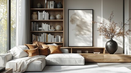 Poster - Modern Serene Living Room Scene Featuring Cozy Sofa, Elegant Decor, Natural Light and Stylish Bookshelf, Creating a Calm Interior Environment ,Office interior backdrop for online meetings