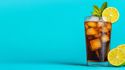 Aufkleber - A summer-themed image of cola in a tall glass, filled with sparkling ice, fresh lime, and mint