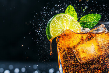 Aufkleber - A close-up of fizzing cola in a transparent glass, lime juice dripping from a slice, mint leaves