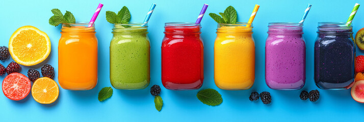 Aufkleber - A top-down view of fruit smoothies in mason jars with colorful straws, surrounded by sliced fruit