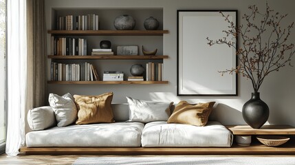 Poster - Modern Serene Living Room Scene with Cozy Sofa, Natural Textures and Minimalist Decor for a Tranquil Atmosphere ,Office interior backdrop for online meetings