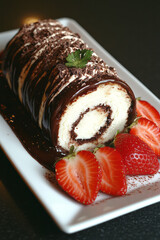 Poster - A gourmet dessert presentation with a chocolate Swiss roll served with whole and sliced