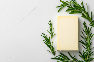 Aufkleber - A minimal food concept featuring cheese blocks and herb garnish on a clean wooden board with
