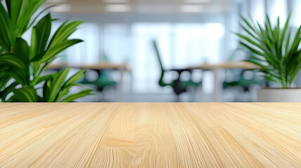 Poster - Serene Modern Office Scene with Natural Light and Green Plants, Showcasing a Minimalist Design and Inviting Atmosphere for Productive Work Environment ,Office interior backdrop for online meetings