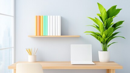 Poster - Modern and Serene Workspace Featuring Minimalist Desk, Potted Plant, Colorful Books, and Clean Laptop in Bright Natural Light ,Office interior backdrop for online meetings