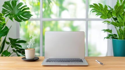 Poster - Serene Modern Workspace with Laptop, Coffee, and Lush Green Plants Illuminating a Calm and Inviting Atmosphere for Productive Work,Office interior backdrop for online meetings