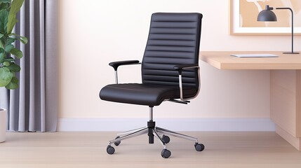 Poster - Serene and Sophisticated Office Scene Featuring a Modern Black Rolling Chair and Minimalist Desk Against a Soft Neutral Background,Office interior backdrop for online meetings