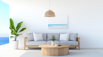Poster - Serene Coastal Living Room Scene with Minimalist Design, Bright Colors, and Panoramic Sea View, Ideal for Relaxation and Contemporary Home Decor,Office interior backdrop for online meetings