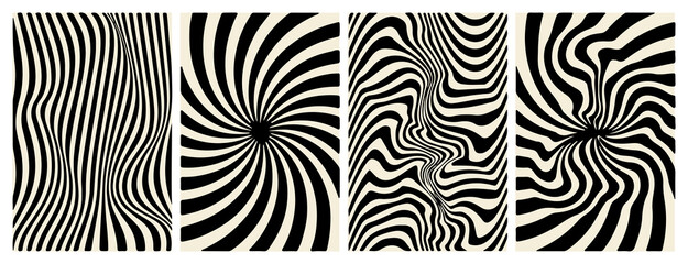 Aufkleber - Four black and white abstract designs with wavy and swirling lines. Each image features dynamic patterns creating strong optical illusions, ideal for modern art and decoration purposes.