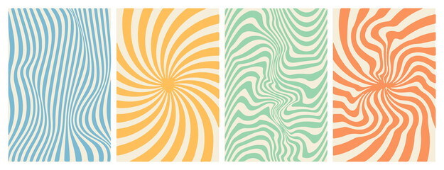 Aufkleber - Four abstract vector illustrations with wavy lines in blue, yellow, green, and orange. Each design is dynamic, vibrant, and creates an optical illusion, perfect for modern artistic and decorative uses