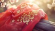© 为轩 张 - Vibrant red silk scarf with golden embroidery, symbolizing youth and vitality, set against soft spring blossoms.