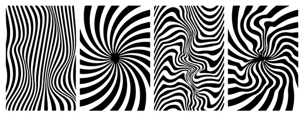 Fototapete - Four black and white abstract designs with wavy and swirling lines. Each image features dynamic patterns creating strong optical illusions, ideal for modern art and decoration purposes.