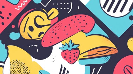 Fototapete - Colorful Memphis-style pop-art background featuring abstract food shapes with bold lines and geometric elements in a lively design