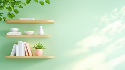 Poster - Serene Interior Scene Featuring Shelves with Books, Plants, and Decorative Objects Against a Light Green Wall Under Soft Natural Light ,Office interior backdrop for online meetings