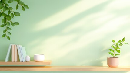 Poster - Serene Interior Scene Featuring Soft Green Wall, Natural Light, and Minimalist Decor Elements for a Calm Ambiance ,Office interior backdrop for online meetings
