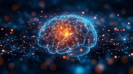 Fototapete - A futuristic brain, glowing softly with vibrant neural activity on the gradient blue background. 6