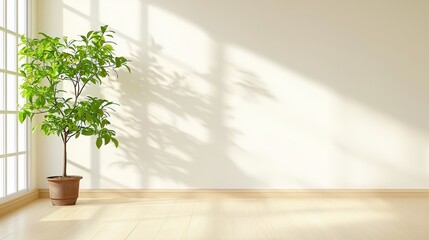 Poster - Serene Minimalist Interior Scene Featuring Potted Plant and Natural Light in Simple Space with Bright Walls and Calm Atmosphere ,Office interior backdrop for online meetings