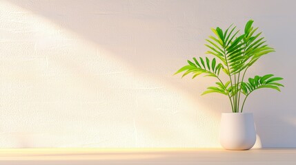 Poster - Gentle Lighting Creates a Serene Interior Scene Featuring a Green Plant in a Modern White Pot Against a Softly Textured Wall ,Office interior backdrop for online meetings