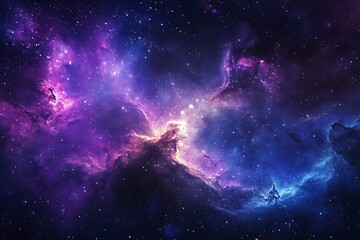 a breathtaking cosmic vista of swirling purple and blue nebulae illuminated by distant stars showcas