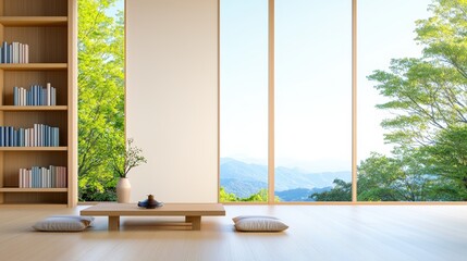 Poster - Serene Interior Scene Featuring Modern Minimalist Design with Natural Light and Greenery in Calm and Inviting Atmosphere ,Office interior backdrop for online meetings