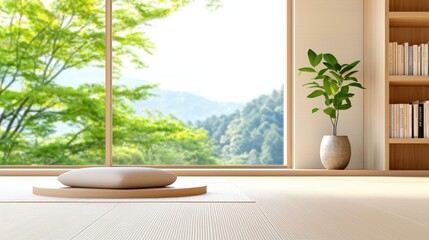 Poster - Modern Minimalist Interior Scene with Serene Natural View Featuring Indoor Plant, Light Tones, and Spacious Design Elements ,Office interior backdrop for online meetings