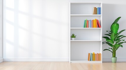 Poster - Serene Modern Interior Scene Featuring Minimalist Bookshelf and Lush Green Plant Against Bright Wall with Soft Natural Lighting ,Office interior backdrop for online meetings