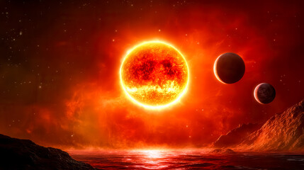 Wall Mural - planets orbiting a red giant star in a fiery solar system