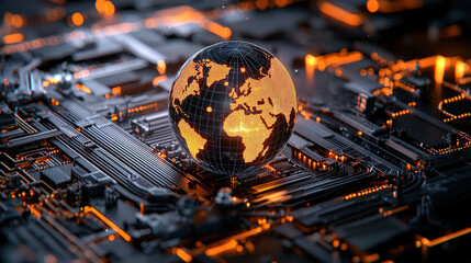Poster - glowing digital globe sits on circuit board, symbolizing global connectivity and advanced technology. orange and black color scheme highlights futuristic theme of AI and machine learning