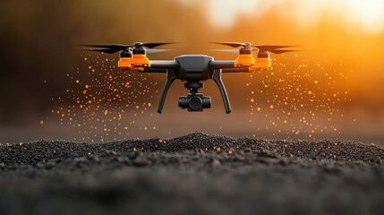 Poster - drone hovers over construction site, delivering equipment with precision. sunset backdrop adds dramatic effect, highlighting drone sleek design and advanced technology