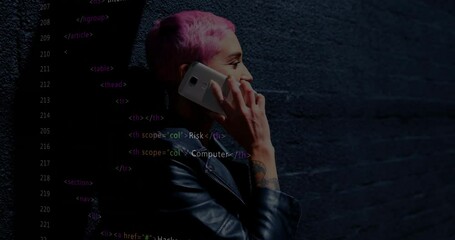 Aufkleber - Talking on phone, person with pink hair overlaid with HTML code animation