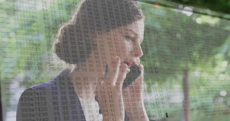 Poster - Thinking woman with binary code overlay, animation on outdoor greenery background
