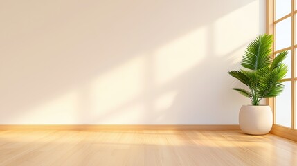 Poster - Serene Sunlit Interior Space with Minimalist Design and Green Plant in Modern Pot Highlighting Natural Light and Tranquil Ambiance,Office interior backdrop for online meetings