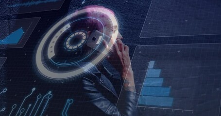Poster - Animation of futuristic data graphics overlay while person using smartphone in school